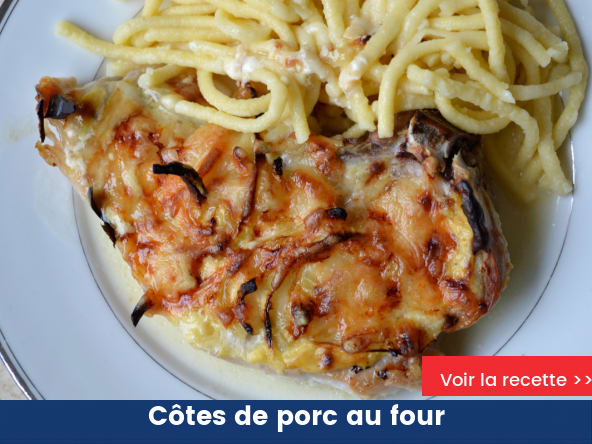 Côtes de porc au four à la crème, au comté et aux oignons grillés